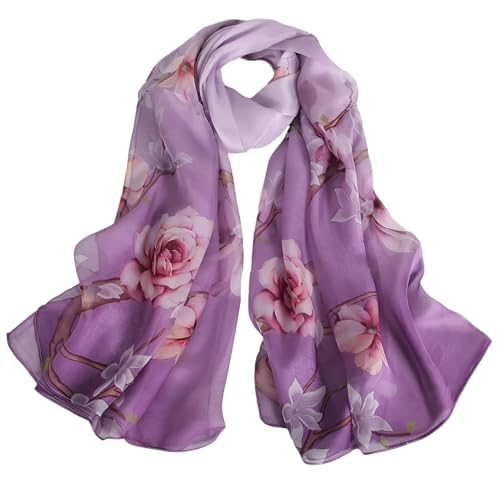 100% Mulberry Silk Women's Neck Silk Scarf-Lightweight Shawl,FLoral Print Beach Silk Wrap-Scarves for Photography - color: Purple