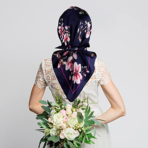 NZKNP Silk-Like Head Scarf - Women's Bandana Wraps - color: 20-black and Pink Flowers, size: 35"*35"