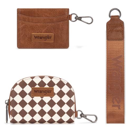 Montana West Wrangler KeyChain Wallet Checkered Wristlet Wallets for Women Western Dual Pouch Wristlet Credit Card Holder Wallet - color: Checkered Brown
