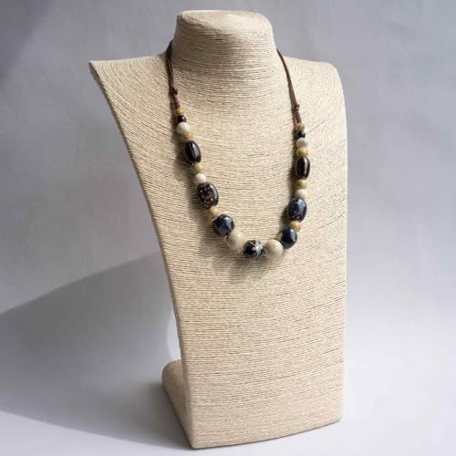 Boho Round Colorful Ceramic Beaded Necklace, Adjustable Hippie Statement Necklace, Handmade Ethnic Jewelry Gift for Women - color: Brown and Beige
