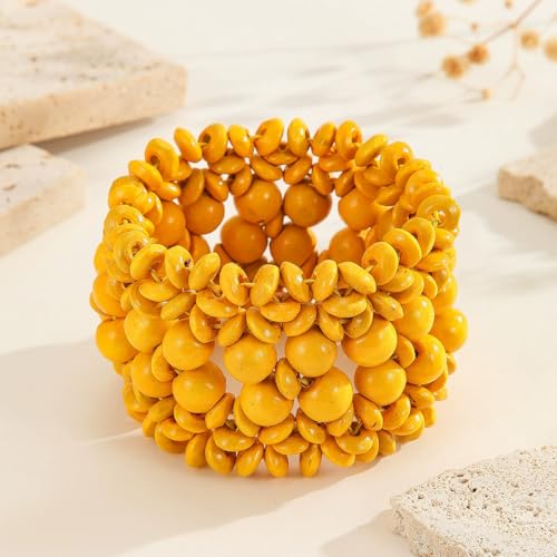 Bohemian Wooden Bead Bracelets Boho Colorful Handmade Elastic Stretch Bracelets Design for Women Summer Beach Festival Jewelry - color: Yellow