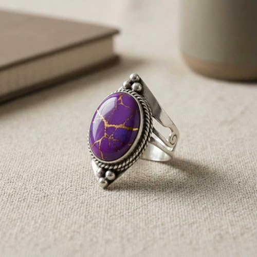 Handmade 925 Sterling Silver Plated Ring Natural Gemstone Carnelian, Rose Quartz, Tiger Eye, Crystal Oval Boho Jewelry For Women - color: Copper Purple Turquoise