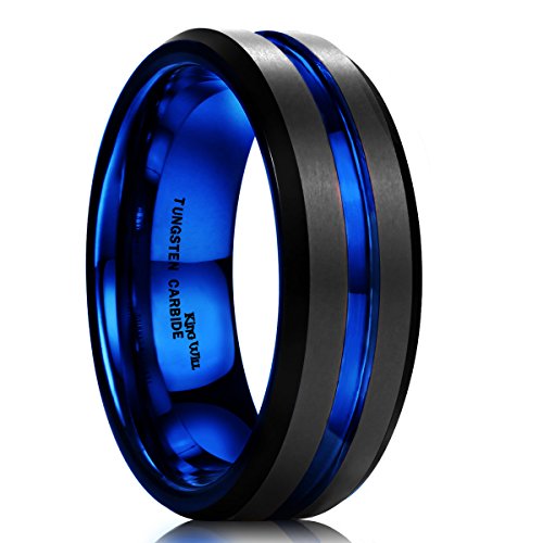 King Will Mens Tungsten Rings for Men Two Tone Grooved Mens Wedding Band Cool - color: Black & Blue 7mm