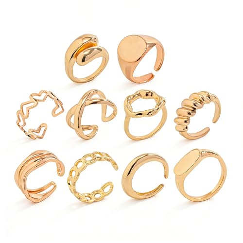 Chunky Rings for Women Adjustable Thick Rings Set Trendy Statement Stackable Ring for Women Chunky Jewlery Irregular Dome Flower Finger Knkuckle Thumb Ring - style: Style 5 - 10pcs g