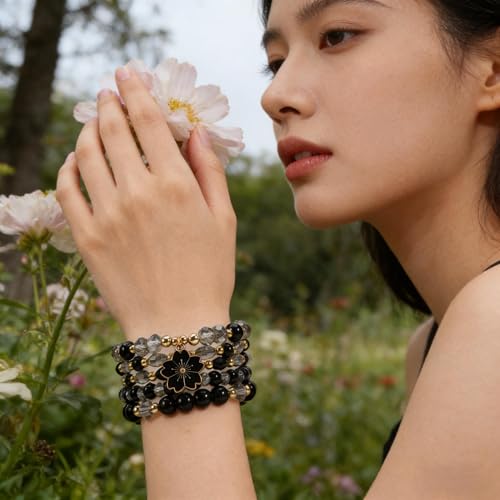 coadipress 5Pcs Bohemian Flower Stackable Bead Bracelets for Women Multilayer Crystal Glass Beaded Charm Bangles Bracelet Boho Summer Beach Hawaii Holiday Statement Jewelry - color: Black