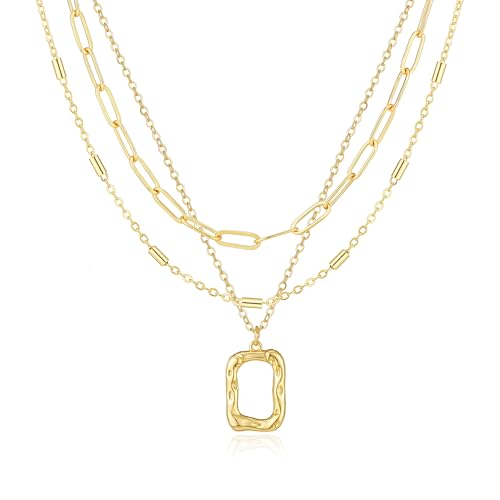 BERISO 14K Gold Plated Layered Necklace for Women, 3 Layer Dainty Gold Necklace with Minimalist Pendant, Elegant Everyday Gold Jewelry Gift - style: layered necklace-A