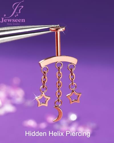 Crescent Moon Star Chain Vertical Hidden Helix Stud Earrings Dangle 316L Stainless Steel Flat Back Threadless Push-Pin Cartilage Rook Piercing Jewelry - color: ROSE GOLD