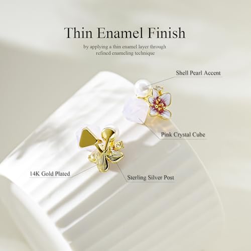 Pink Flower Earrings for Women, 925 Sterling Silver Stud Earrings, Cute Plumeria Earrings For Women, Cherry Blossom Hypoallergenic Stud - color: Pink Crystal Cherry Blossom
