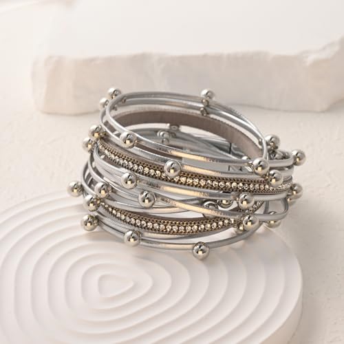 VIBILIA Boho Leather Wrap Bracelets for Women Multi-Layer Bracelets with Strong Clasp Jewelry for Women - color: 07-Beads-Silver