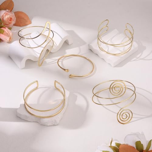 Giovanchi 5 Pieces Arm Cuff Upper Arm Band Cuff Bracelets for Women Adjustable Armband Set - style: C-Gold