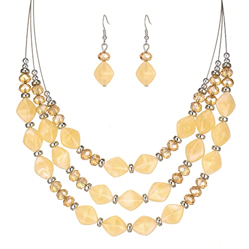 3 Layered Chunky Statement Necklace for Women Beaded Strand Necklaces with Earring Fashion Costumes Collar Necklace Jewelry Sets Gifts for Women - color: Champagne