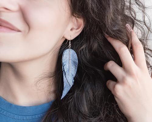 Black shiny Leather Feather Earrings for Women, Lightweight Minimal Boho Dangle Earrings, Small Simple Everyday Jewelry - color: Blue shiny