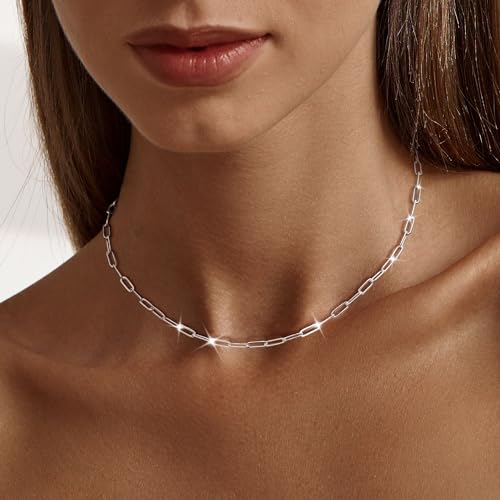 MBW Silver Paperclip Chain Necklace for Women,Dainty Sterling Silver Choker Necklaces for Women Trendy Simple Long Chunky Minimalist Waterproof Link Necklace Jewelry Gifts for Women 16/18/20 in - color: 3mm16"