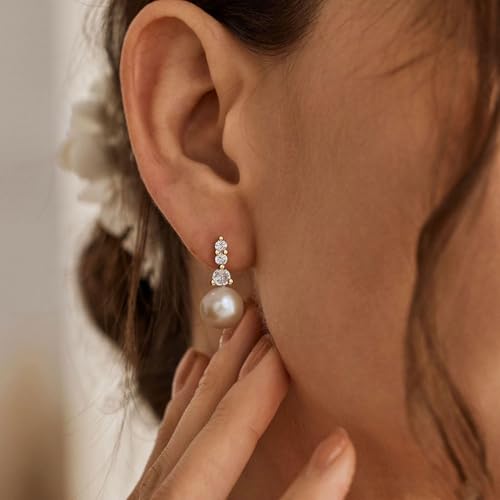Pearl Earrings for Women, Dainty Wedding Bridal Earrings 14k Gold Plated CZ Pearl Drop Earrings for Women Trendy Hypoallergenic Unique Gold Drop Earrings Fashion Prom Jewelry - color: Gold-G