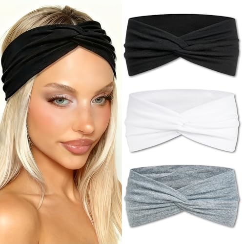 3 Pack Boho Headbands for Women Short Twist Turban Headbands Elastic Non Slip Hair Bands Womens Workout Hair Wraps Accessories - color: Black,White and Grey