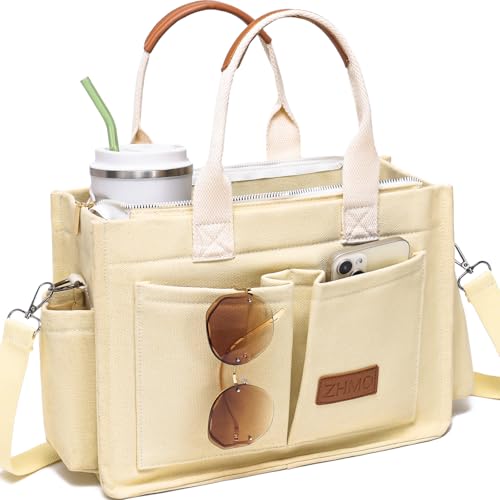 ZHMO Canvas Tote Bag for Women,Women's Bags Crossbody Bags Work Laptop Tote Bag Large Handbags Purse for Travel Nurse Teacher - color: New Upgrade Beige With Compartments and Side Cup Holders