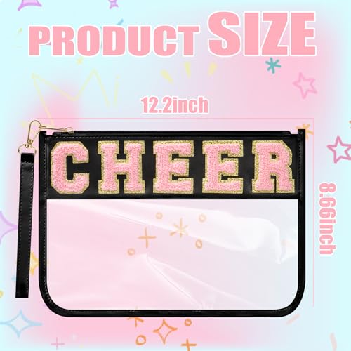 BuyCard Cheer Chenille Letter Bags Clear Makeup Bag, Cheerleader Gifts Cosmetic Bag, Varsity Preppy Patch Flat Pouch Cheer Accessories, Waterproof PVC Organizer Toiletry Bag for Women Girls Black - color: Black-Cheer