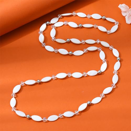 Long 48" Beaded Necklace for Women Boho Knot Strand Chunky Shell Crystal Beads Fashion Costume Jewelry for Gifts - color: White