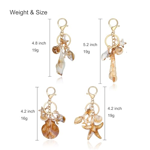 4 Pcs Ocean Themed Keychains for Women - Resin Seashell Starfish Boho Beach Bag Charms with Gold-Plated, Summer Vacation Purse Backpack Pendant Key Ring Gifts