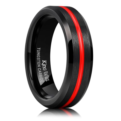 King Will Mens Tungsten Rings for Men Two Tone Grooved Mens Wedding Band Cool - color: Black & Red 6mm