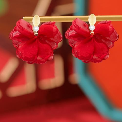 Handmade Fabric Flower Petal Fringe Dangle Drop Earrings Bohemian Floral Tassel Stud Earrings For Women - color: Red