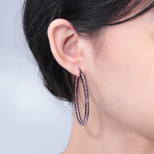 CiNily Mult-colors Crystal Stainless Steel Hoop Earring for Women Hypoallergenic Jewelry for Sensitive Ears Large Big Hoop Earrings 2" - color: Black&Pink