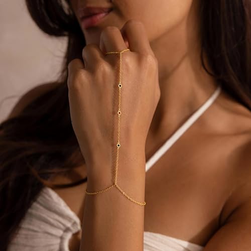 Gokeey Gold Hand Chain Bracelet for Women Trendy, Dainty 14k Gold Plated Ring Bracelet Hand Chain Finger Ring Slave Cuff Bracelet Cubic Zircon Hand Jewelry for Women Accessories - style: 3cz hand chain-Halloween