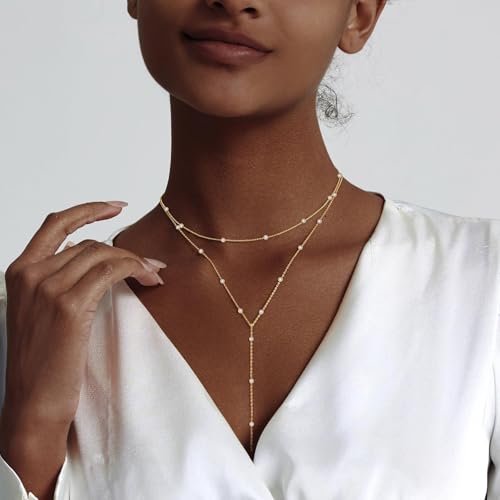 LULII Gold Necklace for Women Trendy Lariat Y Necklace Dainty 14k Gold Plated/Silver Long Necklaces for Women Layered Beaded Drop Necklaces Simple Y-Shaped Chain Jewelry Gifts - color: Y Layered Pearl Necklace-Gold