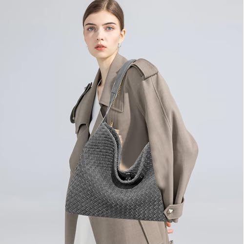 JINMANXUE Women Boston Bag, Woven Hobo Tote Handbag and Purses, Female Satchel Messenger Bags, Fashion Shoulder Crossbody Bag - color: Advanced Grey