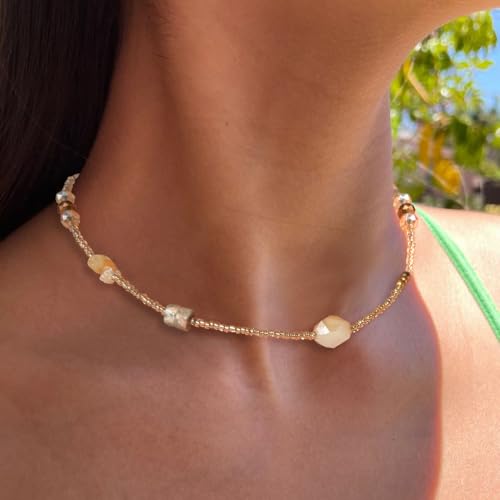 Beaded Necklaces for Women Summer Beach Beaded Necklace Bead Choker Boho Necklaces for Women Handmade Summer Jewelry Stainless Steel 18K Gold Plated - color: Champagne