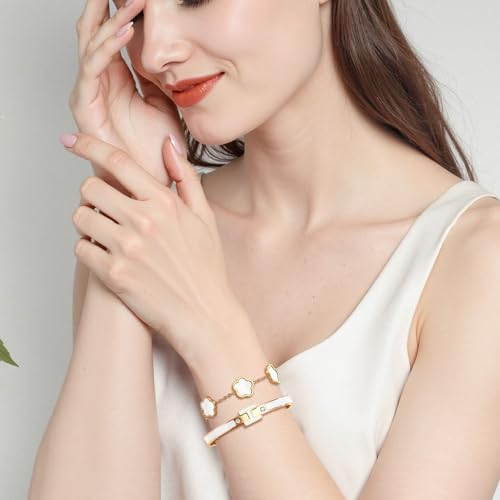 H Bangle & Clover Bracelet for Women - Stainless Steel Fashion Jewelry - 18K Gold Plated H Bangle and Lucky Five Leaf Clover Bracelet - Elegant Bracelets Set - Gift for Women - color: Gold-White Set