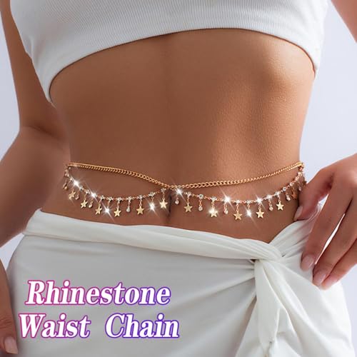 Rhinestone Waist Chains Crystal Waist Chain with Pendant Abdominal Chain Thin Minimalist Body Chain Jewelry for Women Beach Rave - style: B-Star-Gold