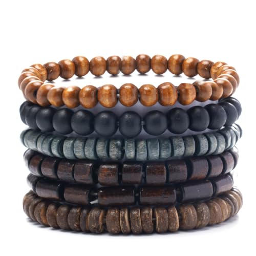 5pcs Wooden Bead Bracelet Set with Charm and Tassel for Men & Women - Stackable Boho Bracelets, Amber Color Scheme Adjustable Bracelet - color: Brown Gray