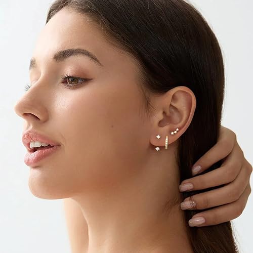 3 Pairs Dainty Small 4th of July Earrings for Women Trendy, Birthstone Stud Huggie Hoop Jacket Stack for Cartilage Helix, Gold Plated Hypoallergenic Cute Women Fashion Accessories Western Jewelry Gifts - color: 04White - Apr