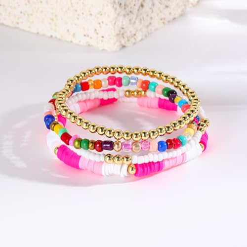 Caiyao Bohemia Multilayer Heart Imitation Pearl Beaded Stackable Bracelets Set Colorful Surfer Heishi Clay Gold Beads Stretch Bracelets for Women Men Summer Beach Boho Vacation Jewelry Gifts - color: Z-mix