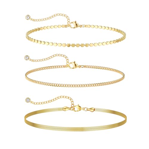 Ankle Bracelets for Women, 14K Gold Anklets for Women Waterproof Cuban Link Chain Layered Anklet Set Gold Ankle Bracelets for Women Summer Beach Foot Jewelry Gifts - color: 3 Gold Snake Chain01