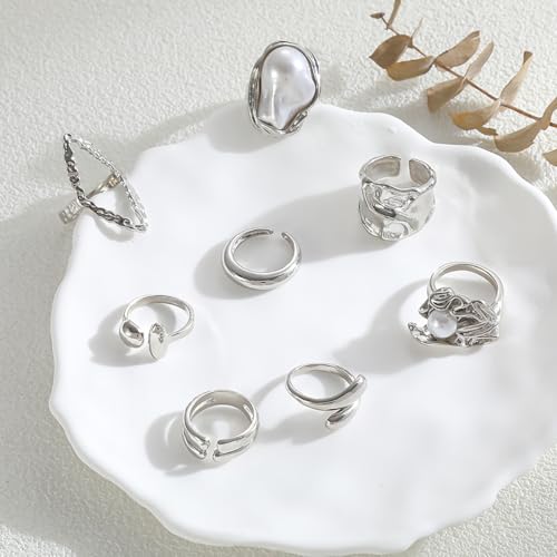 Chunky Gold Stackable Rings Set for Women Pearl Flower Rings Sets Dainty Carved Signet Joint Finger Midi Rings Pack Adjustable Chunky Knuckle Ring Statement Stacking Ring Pack - color: E-Silver-8Pcs