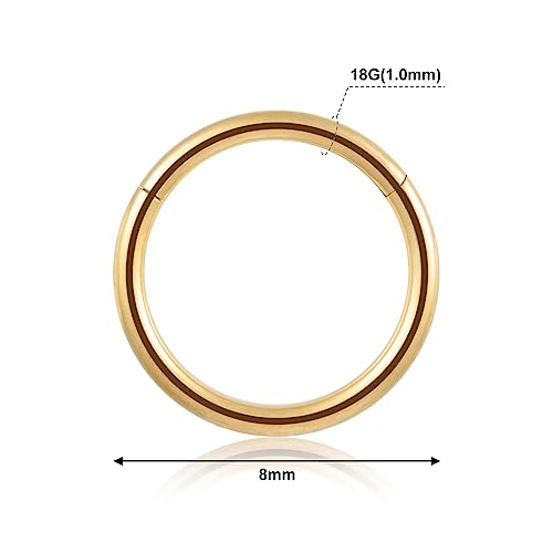 4Pcs 16G 18G 20G Surgical-Steel-Piercing-Ring-Nose-Rings-Hinged-Hoop-Earrings,6mm 8mm 10mm 12mm Seamless Stainless Steel Clicker Eyebrow Septum Piercing Hoop,Sliver Black Gold Rose Gold Rainbow Body Jewelry Set - color: 18G 8mm Gold