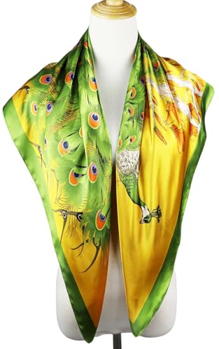 vabovin Satin Head Scarf for Women Silk Like Hair Scarf, 35 x 35 in | Silk Feel Fabric, Hair Wrap for Sleeping, Headscarf and Neck Scarf, Square Bandana Style, Fashion Accessory - color: 103 Green Peacock