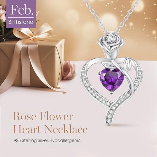 LOUISA SECRET Rose Flower Heart Birthstone Necklaces for Women, 925 Sterling Silver Jewelry, Pendant Heart Necklaces Birthday Anniversary Christmas Gift for Women Wife Mom Girlfriend Lady - color: White Gold-02-Feb