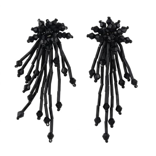 Native Beaded Tassel Earrings Boho,Fringe Drop Statement Seed Bead Tribal Dangle Earrings for Women - color: black