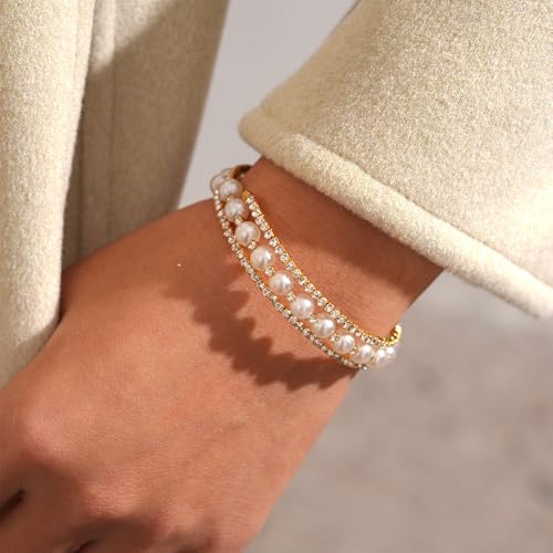 Silver Pearl Bracelet for Women Sparkly Stretch Rhinestone and Pearls Bangle Cuff Adjustable Faux Diamond CZ Bracelets Bling Wedding Costume Jewelry - color: Gold