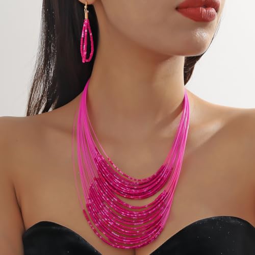 Bohemian Colorful Beaded Earrings Necklace Geometric Teardrop Dangle Earrings Multi-layered Stackable Choker Necklaces Boho Seed Bead Chain Statement Beach Party Accessories - color: Rose Red