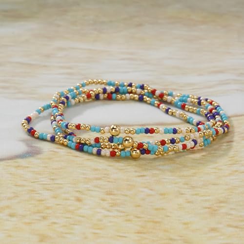 Boho 4Pcs Stack Colorful Small Seed Beaded Bracelets Set for Women, Cute Handmade Dainty Trendy Gold Plated Stretch Accessories Thin Glass Jewelry, Summer Daily Party Friendship Gift - color: Aqua Blue
