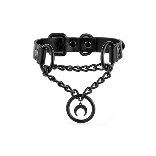 Black Gothic Chain Choker with O-ring and Moon Pendant, Punk Grunge Emo Leather Necklace For Women