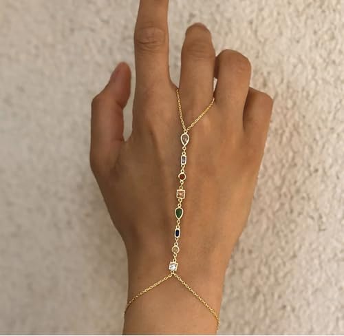 Rhinestone Gold Hand Chain Bracelet for Women – Dainty Brass Finger Ring Bracelet with Colorful Crystal Stones, Adjustable Hand Harness Bracelets Jewelry, Boho Fashion Accessories, Gift for Her