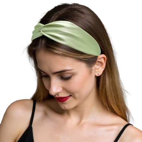 ZLYC Mulberry Silk Headband Elastic Twist Knotted Head Bands for Women's Hair, Solid Avocado Cream - color: Solid Avocado Cream