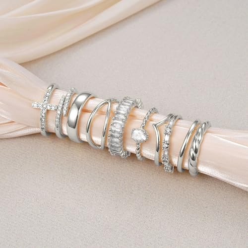 10 PCS 14K Gold Plated Rings Set for Women, Dainty Gold Knuckle Ring Non Tarnish, Simple Thumb Stacking Rings Pack Size 6/7/8/9/10 - color: silver