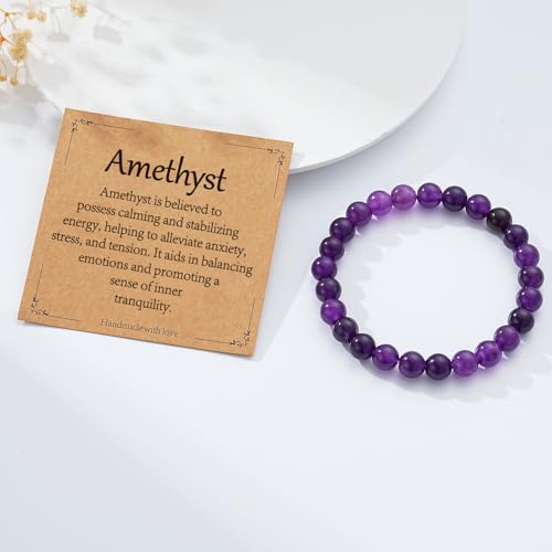 Gnamy Healing Crystal Bracelet for Women, Natural Stone Beaded Healing Crystal Bracelet Triple Protection Stress Relief Beads Jewelry Birthday Gifts Jewelry for Her - style: Amethyst