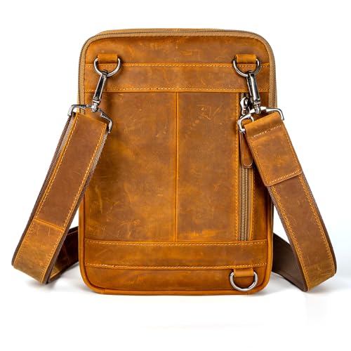Leather Messenger Bag for Men, Small Leather Sling Shoulder Bag Messenger Pack for Men, Man Purse - color: Yellowish Brown